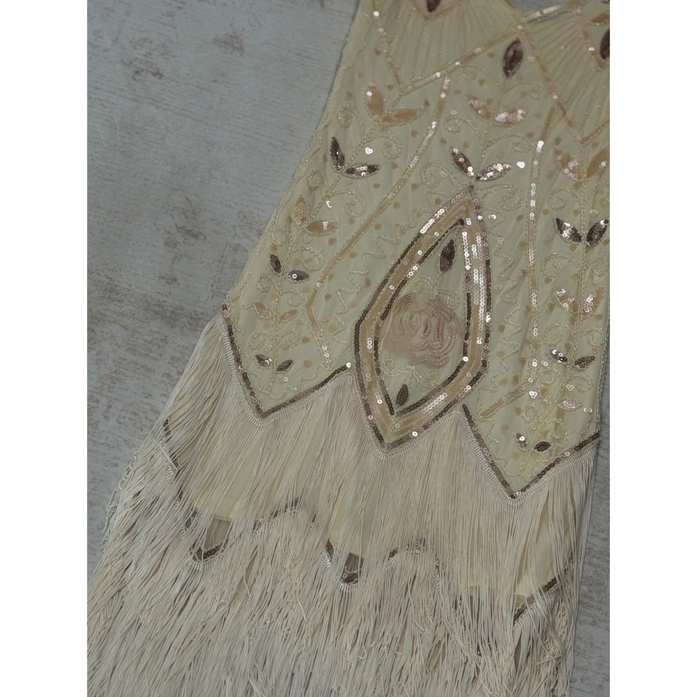 Champagne Sequin Beaded Flapper Dress Great Gatsby 1920s Fringe Cocktail Dress - Picture 7 of 15